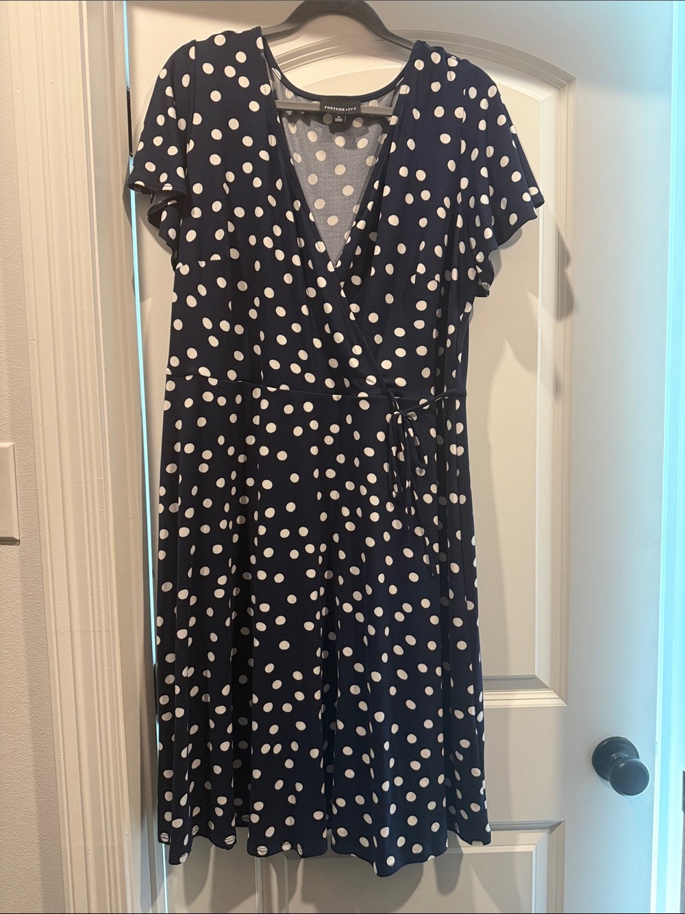Polka Dot Faux-Wrap Midi Dress in Navy and White